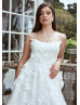 White Lace Tulle Pearls Embellished Floral Wedding Dress